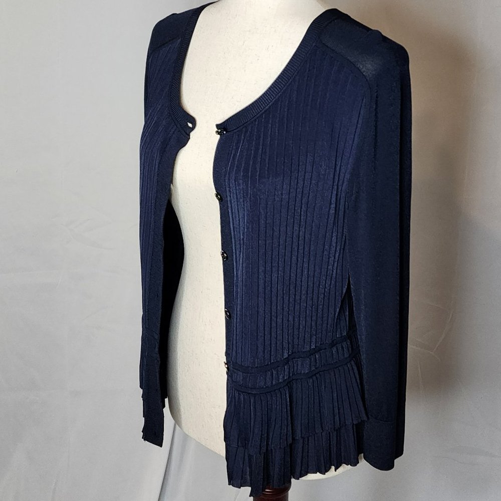 Oscar de la Renta Navy Button Front Ruffle Hem Cardigan Size: L - Picture 8 of 16